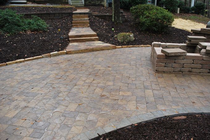 natural flag stone walk and steps, cobble edging, random pattern 3 piece textured pavers, custom sized firepit