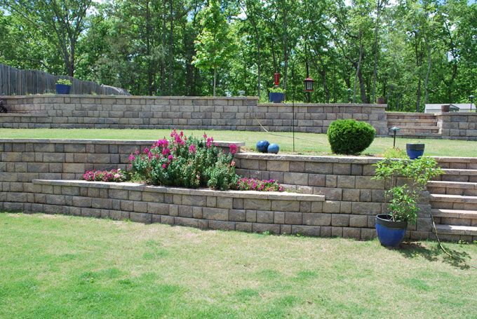 Appalachian blend retaining walls with flower beds supporting a downhill lawn slide 3-3