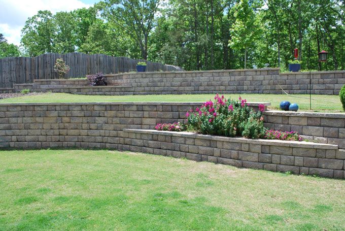 Appalachian blend retaining walls with flower beds supporting a downhill lawn slide 3-2