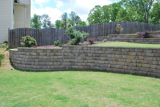 Appalachian blend retaining walls with flower beds supporting a downhill lawn slide 3-1