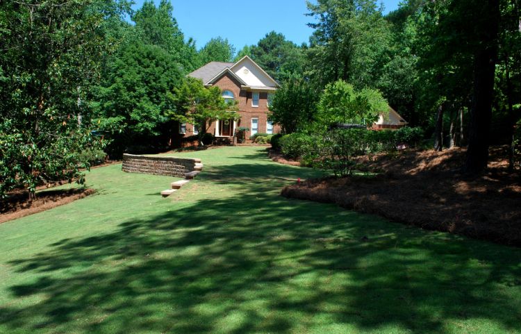 home with hillside lawn