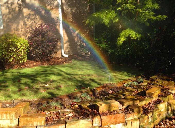 rainbow created due to working sprinklers installed on a small lawn