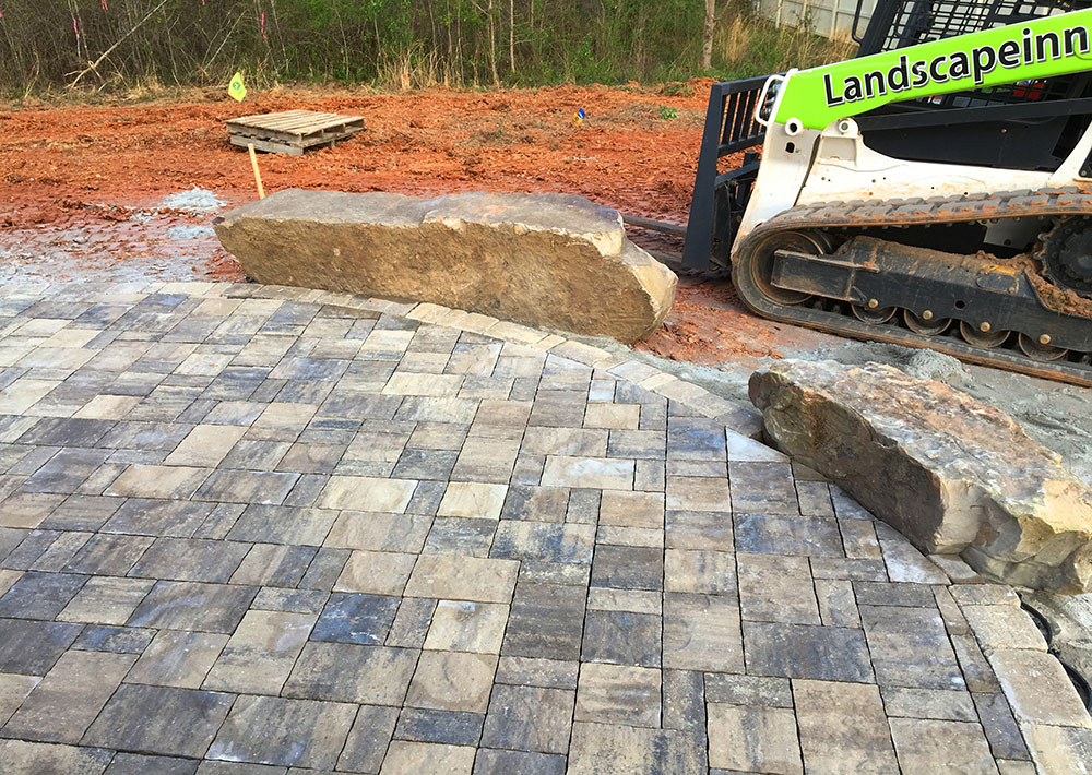 Patio with boulders used as benches